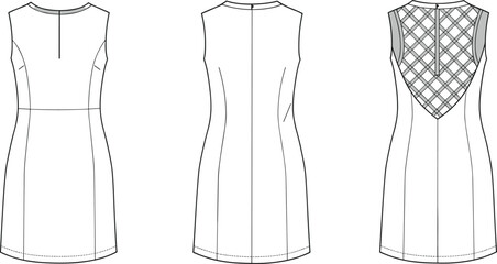 Sleeveless dress flat sketch, front and back view with lace mesh insert detail, princess seams fitted waist darts, CAD drawing flat vector illustration