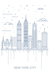 New York city poster with shapes of skyline, horizon and skyscrapers. USA, NYC vector illustration, thin line vertical brochure, website, flyer, presentation, book cover