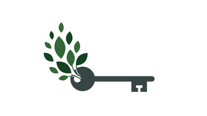 Flat vector key with leaves growing from its top, concept of unlocking growth and life.