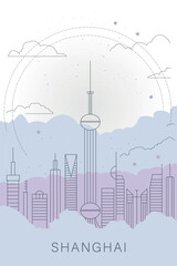 Shanghai city poster with shapes of skyline, horizon, landmark and skyscrapers. China vector illustration, thin line design for vertical brochure, website, flyer, presentation, book cover