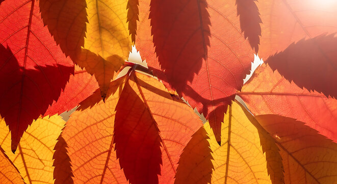 Close up of vibrant autumn leaves in warm colors of red orange and yellow. - Powered by Adobe