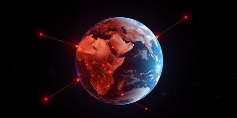 Earth with glowing red points connected by lines in dark space globe planet