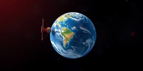 Detailed satellite orbits planet Earth against a starry black space background with red nebula glow