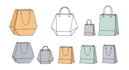 Collection of hand drawn shopping bags in various colors and sizes