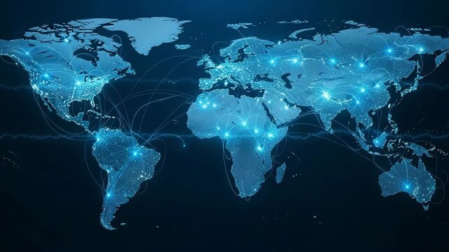 Animated World Map Showing Global Network Connections in Cyberspace - Powered by Adobe
