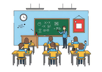 Teacher instructing students in a classroom with a blackboard and desks