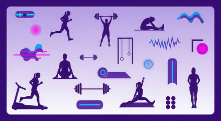 Fitness and exercise icons set with people and equipment on purple background