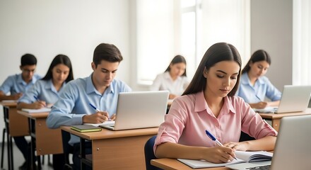 Fototapeta premium Students Focused on Writing in a Bright Classroom During Exam Time
