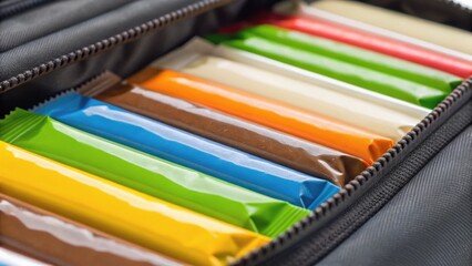 Fototapeta premium A collection of colorful snack bars neatly organized in a black zippered pouch, showcasing an array of flavors and packaging.