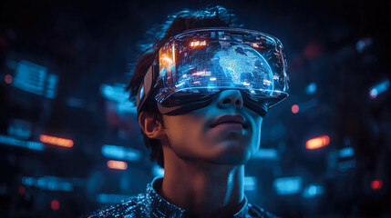 A businessman wearing VR glasses interacts with a holographic globe. Generative Ai.