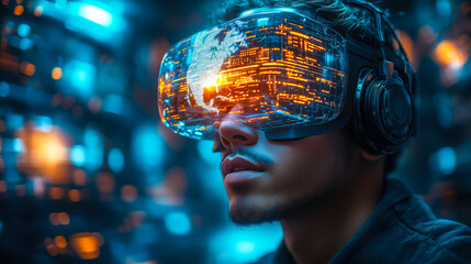 A businessman wearing VR glasses interacts with a holographic globe. Generative Ai.