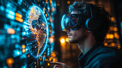 A businessman wearing VR glasses interacts with a holographic globe. Generative Ai.