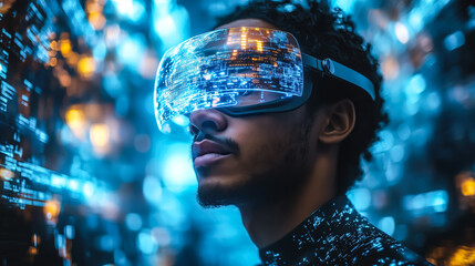 A businessman wearing VR glasses interacts with a holographic globe. Generative Ai.
