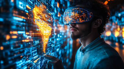 A businessman wearing VR glasses interacts with a holographic globe. Generative Ai.