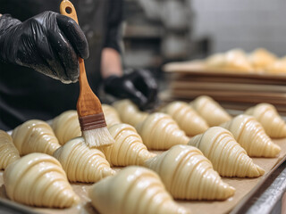 A baker brushing butter wash onto raw of unbaked croissants on a tray