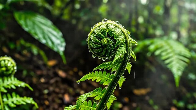 Close-up of a vibrant green fern fiddlehead unfurling with water droplets in a lush forest.