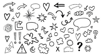 Collection of hand drawn doodle elements including arrows hearts speech bubbles stars and exclamation marks