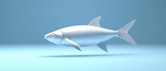 Obraz premium A silvery fish figure is seen in profile, with detailed fins and tail, against a light blue background. AI.
