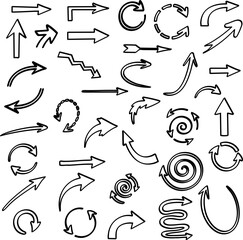  Hand Drawn Arrow Icons Set – Sketchy Direction, Circular, Curved, and Swirl Arrows Vector Illustration