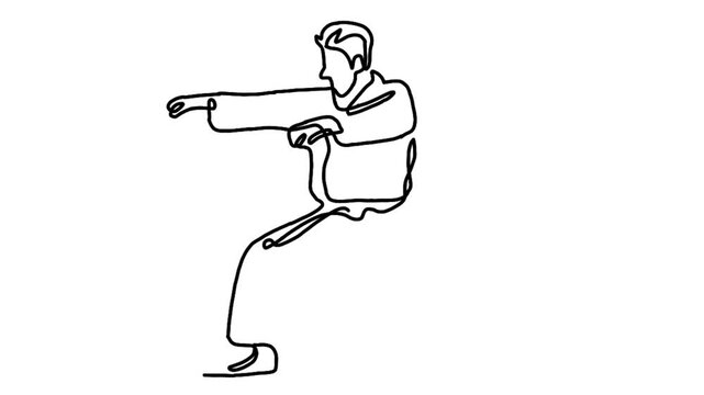 continuous line animation of man practicing karate combat