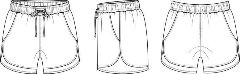 Women athletic shorts fashion design, drawstring waistband with curved hem and pockets, activewear apparel template, cad drawing flat vector illustration
