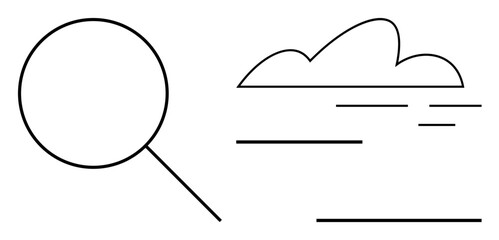 Magnifying glass next to cloud and horizontal lines, symbolizing discovery, information, and speed. Ideal for technology, data analysis, cloud storage, research, efficiency search exploration