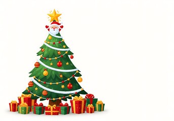 Decorated Christmas tree with Santa star topper, colorful ornaments, sparkling lights, and a pile of wrapped presents, festive white background illustration for holiday celebration, greeting, joy

