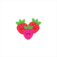 Three bright red strawberries with green leaves arranged in a heart shape