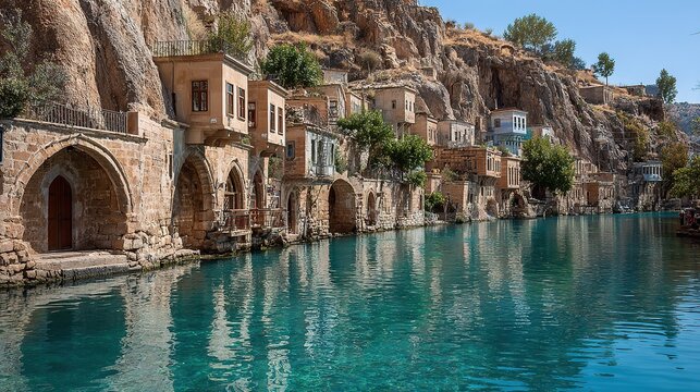 Historic Halfeti Town, Turkey: Traditional Architecture on Euphrates River with Turquoise Water and Hillside Views. A Scenic and Cultural Landmark.