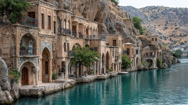Historic Halfeti Town, Turkey: Traditional Architecture on Euphrates River with Turquoise Water and Hillside Views. A Scenic and Cultural Landmark.