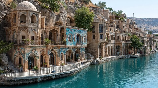 Historic Halfeti Town, Turkey: Traditional Architecture on Euphrates River with Turquoise Water and Hillside Views. A Scenic and Cultural Landmark.