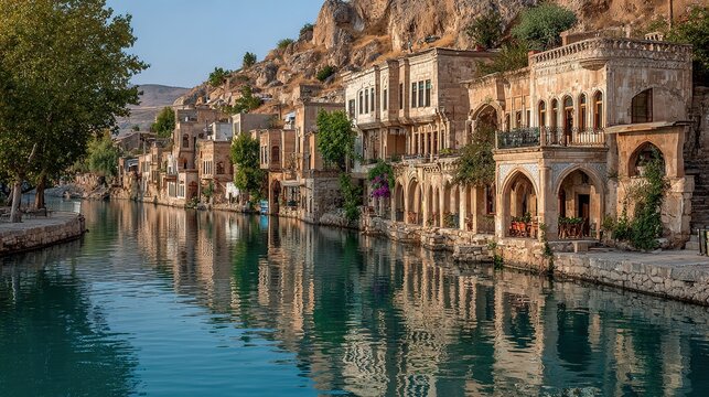 Historic Halfeti Town, Turkey: Traditional Architecture on Euphrates River with Turquoise Water and Hillside Views. A Scenic and Cultural Landmark.