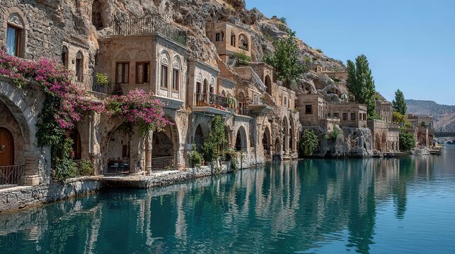 Historic Halfeti Town, Turkey: Traditional Architecture on Euphrates River with Turquoise Water and Hillside Views. A Scenic and Cultural Landmark.