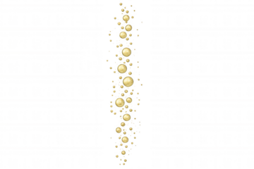 Golden air bubbles rising on a transparent background simulating champagne or sparkling drink liquid texture