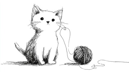 Minimalist Continuous Line Drawing of a Playful Kitten with Yarn. Simple and Adorable Pet Illustration.