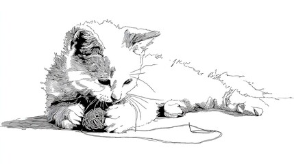 Minimalist Continuous Line Drawing of a Playful Kitten with Yarn. Simple and Adorable Pet Illustration.