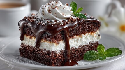 Rich Layered Chocolate Fudge Cake Dessert with White Icing and Whipped Cream. Indulgent and Decadent Treat.