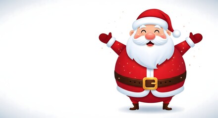 "Cheerful Santa Claus Character Illustration with Outstretched Arms, Smiling Face and Red Suit on Clean White Background, Festive Christmas Mascot for Seasonal Greeting, Holiday Card or Winter 
