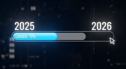 Future is Loading 2026: Glowing blue progress bar on a digital interface showing the transition from 2025. Tech concept for year-end review and future planning.