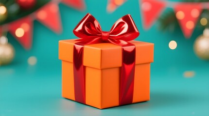 Obraz premium Orange present box with shiny red ribbon and bow on vibrant