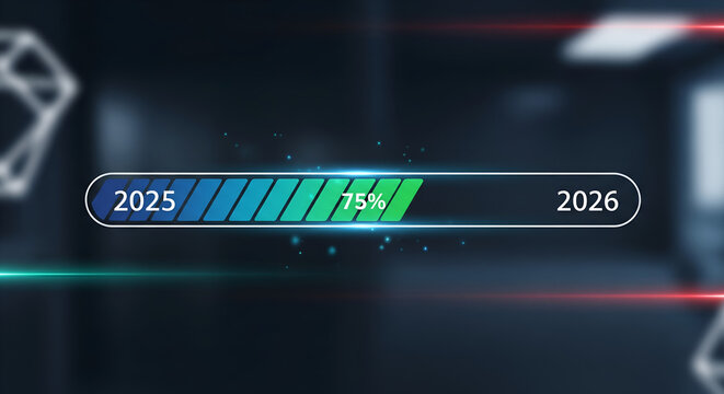 Futuristic New Year 2026 loading concept. Digital progress bar showing transition from 2025 to 2026 at 75 percent complete on a high-tech background.