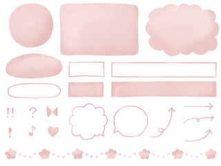 水彩：ピンクの手描きフレーム・あしらいセット