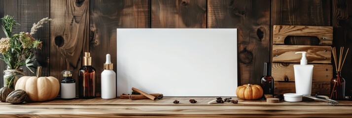 Halloween mockup with pumpkins and spices for autumn decor and design. Horizontal banner. Copy space. Template for a cosmetics shop, beauty salon, pharmacy, drugstore