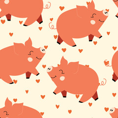 Vector flat animals colorful illustration for kids. Seamless pattern with cute pig on color floral background. Adorable cartoon character. Design for textures, card, poster, fabric, textile.