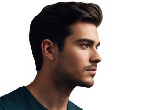 Profile portrait of a young man with dark hair and intense eyes captured in dramatic lighting isolated on transparent background - Powered by Adobe