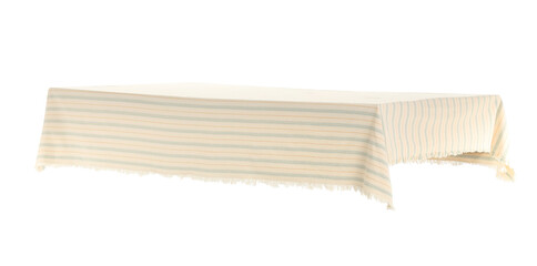 Empty dining table with stylish striped tablecloth isolated on white background