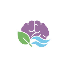 Modern Flat Style Brain with Leaf and Waves Graphic Element