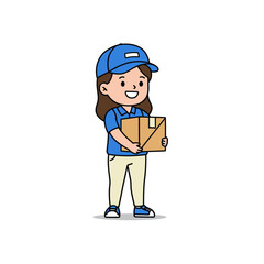 Cute Line Art Delivery Girl Carrying Box Character Illustration