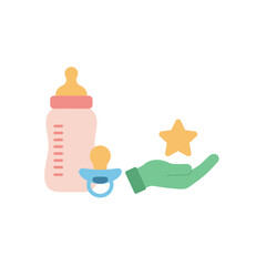 Fototapeta premium Flat Illustration Baby Bottle Pacifier with Hand Holding Star Childcare Item