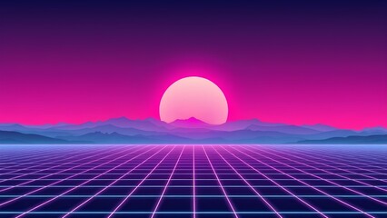 Retro Neon Grid Horizon with Purple Sky